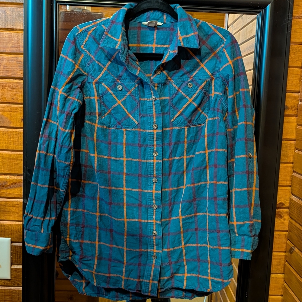 Duluth Trading Co Teal and Orange Plaid Shirt